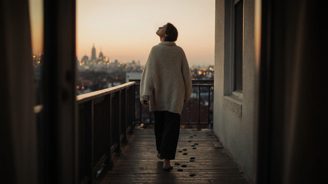 Mensch geht abends auf dem Balkon, Blick zum Horizont.