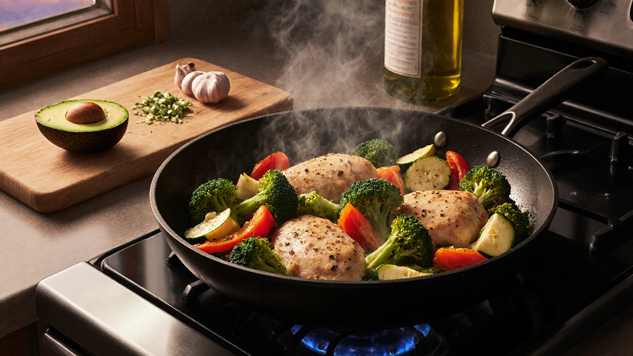 Pfanne mit Hähnchen und Gemüse, Avocado daneben, warmes Abendlicht im Hintergrund.