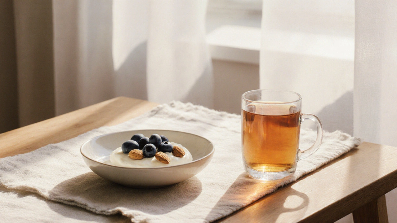 Quark mit Beeren und Mandeln auf einem einfachen Tisch bei abendlichem Licht.