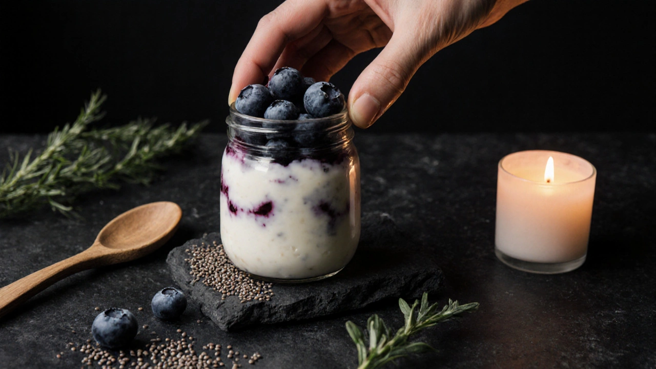 Quark mit Heidelbeeren und Chiasamen auf Steinplatte, Kräuter und Kerze, ruhige Abendstimmung.