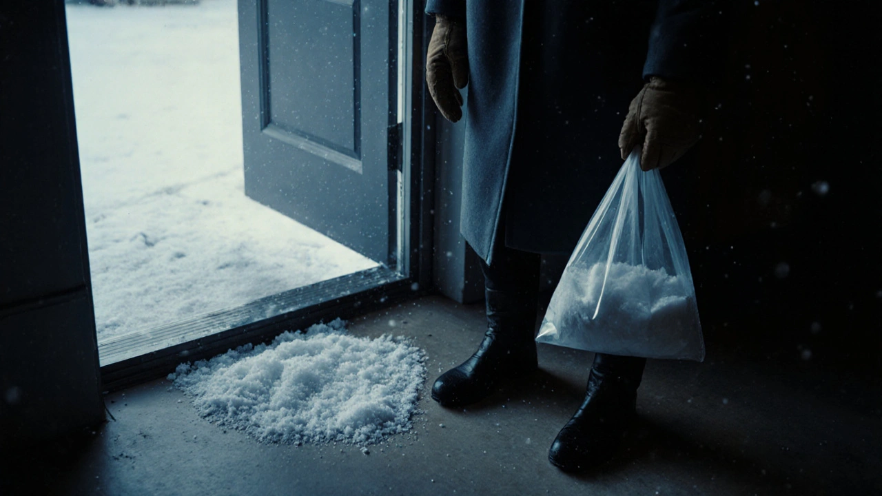 Salz ist entlang der Türkante gestreut, um Eisbildung zu verhindern, während Handschuhe in einer Plastiktüte gehalten werden.