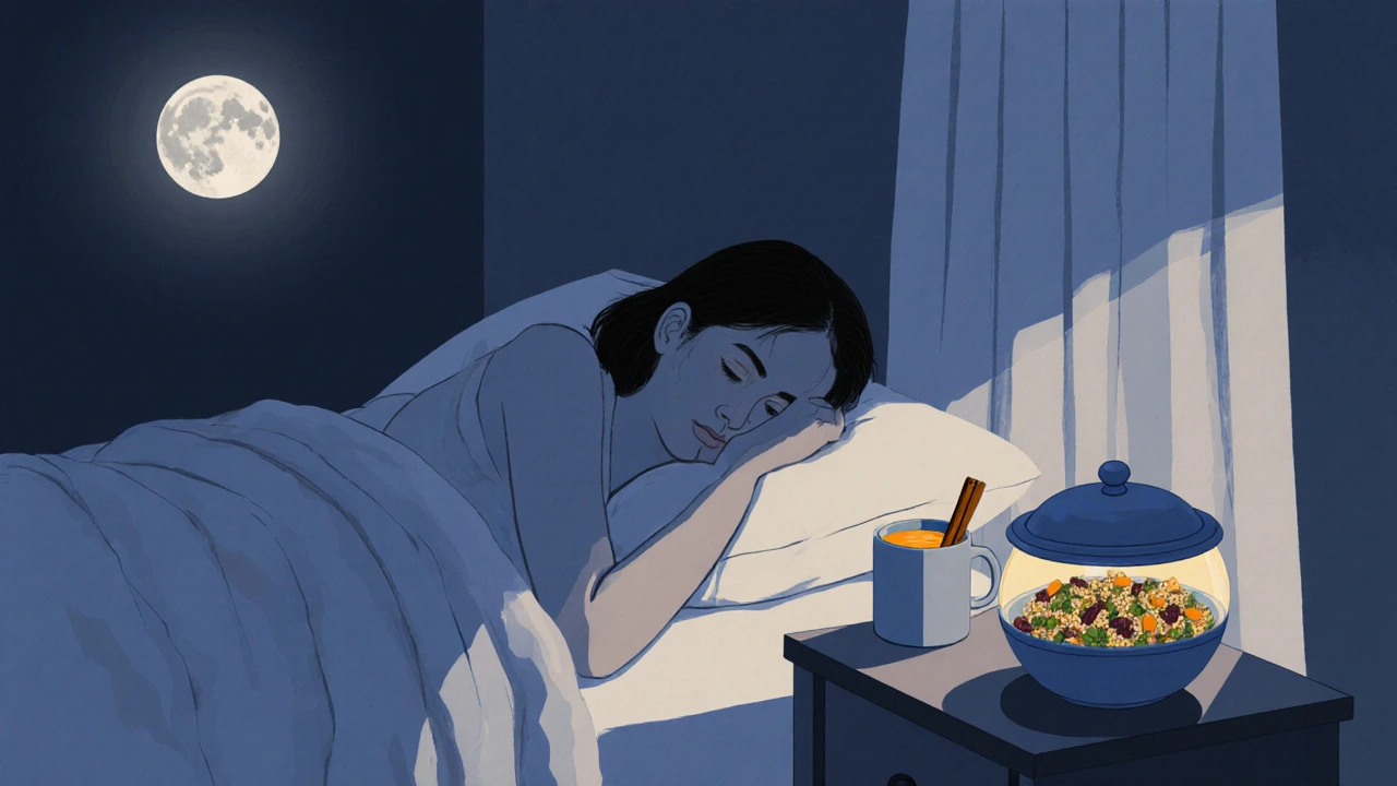 Tasse mit Kurkuma-Milch und Quinoa-Salat auf Nachttisch neben schlafendem Menschen.