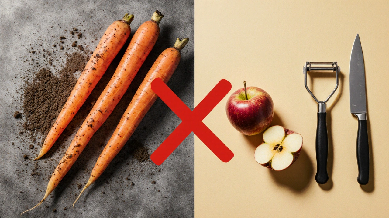 Vergleich: ungeschältes, schmutziges Gemüse links, geschältes, sauberes Gemüse rechts.