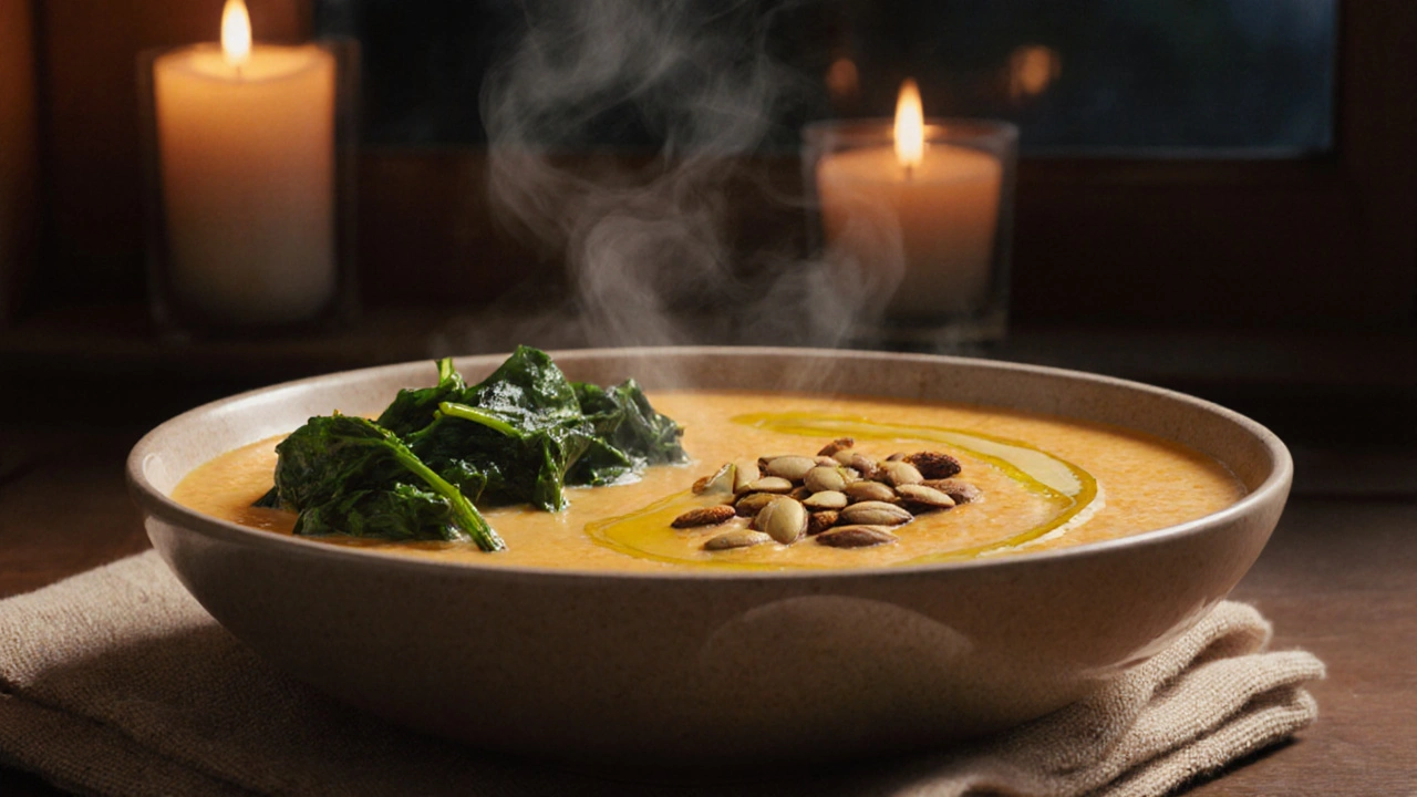 Warme Kürbissuppe mit Kürbiskernen und Spinat, sanft gedämpftes Abendlicht.