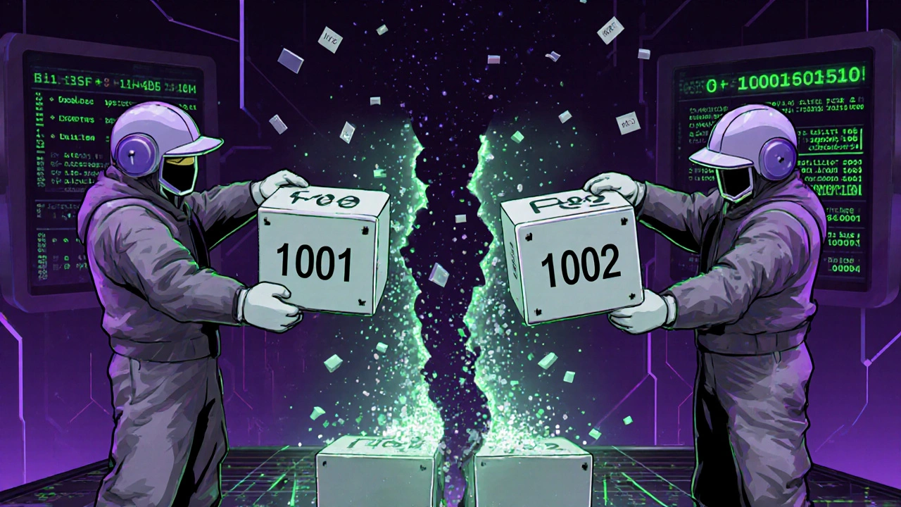 Zwei Miner konkurrieren um die gültige Blockchain, während ein dritter Miner den längeren Pfad vervollständigt.