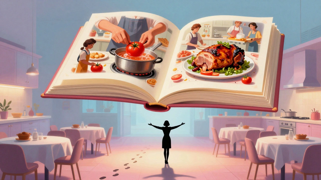 A glowing cookbook hovers above modern kitchens worldwide, casting Julia Child’s shadow as a guiding path.