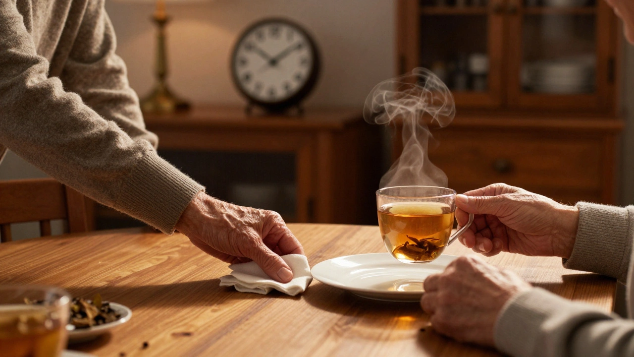 Ältere Person trinkt Kräutertee 20 Minuten nach dem Abendessen, ruhige Abendatmosphäre.