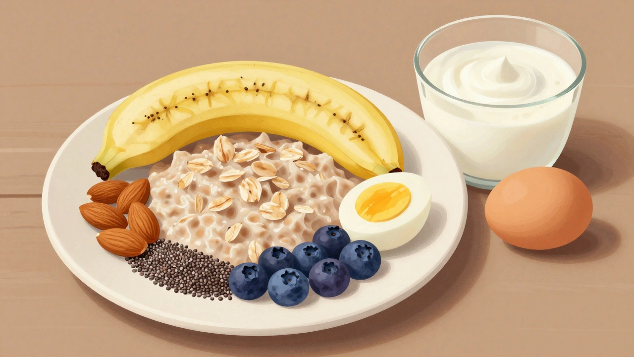 Ausgewogenes Frühstück mit Haferflocken, Beeren, Nüssen, Ei und Joghurt.