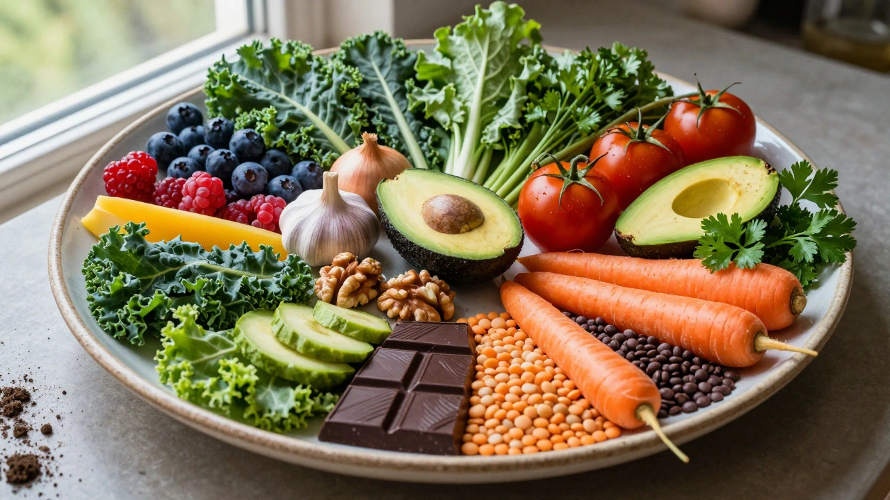 Bunte Teller mit 30 verschiedenen pflanzlichen Lebensmitteln, arrangiert wie ein Mosaik, ohne Ergänzungsmittel.