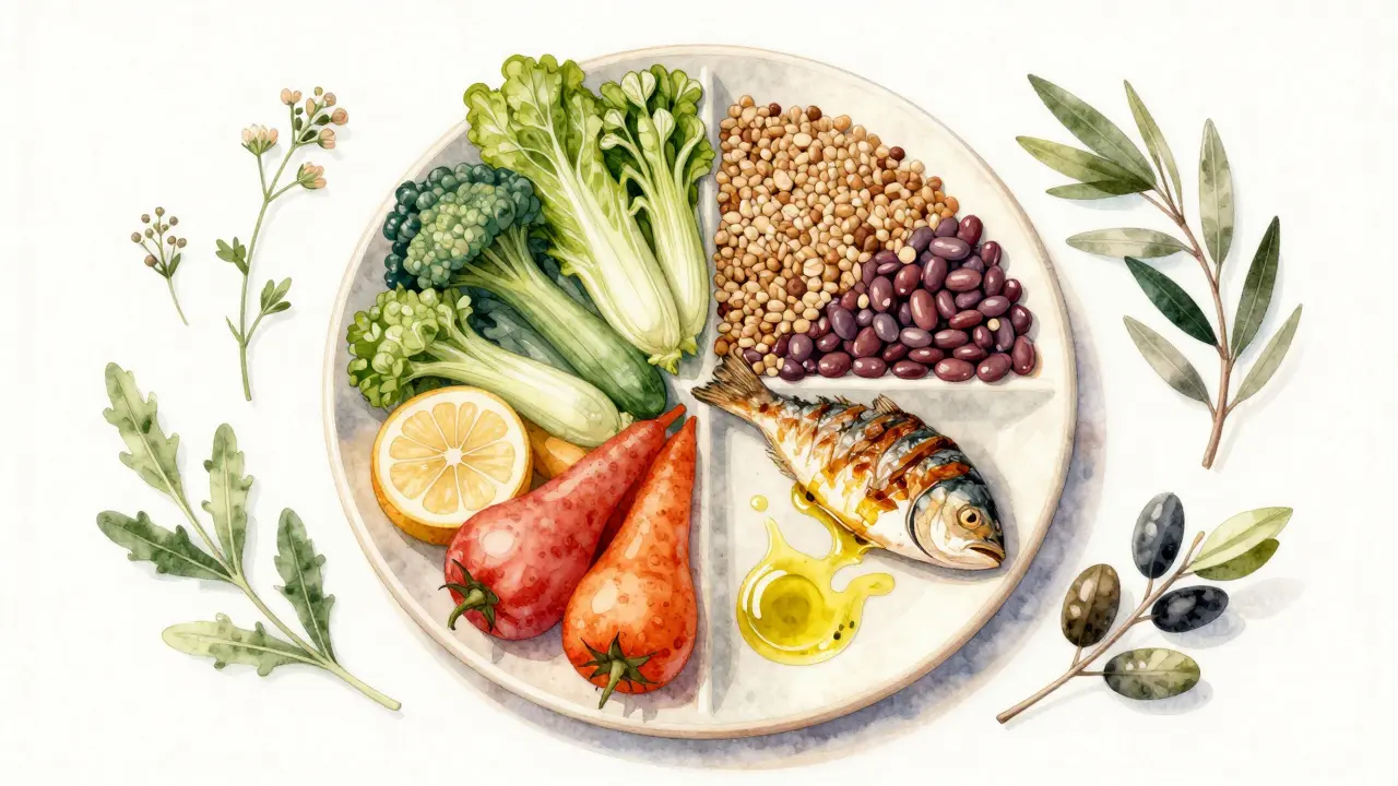 Bunte Tellerdarstellung mit Gemüse, Getreide, Hülsenfrüchten und Fisch in Aquarelltechnik