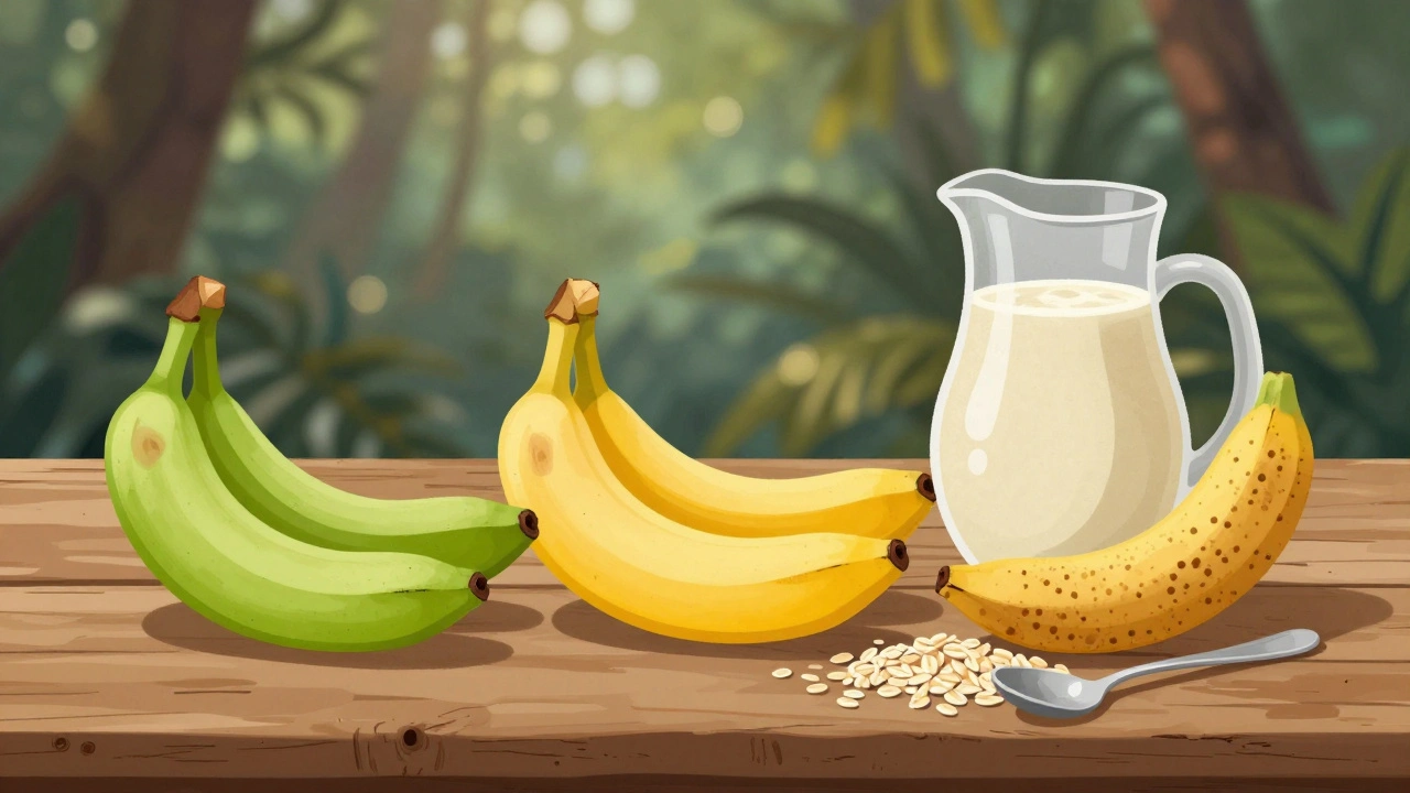 Drei Bananen in verschiedenen Reifezuständen mit Smoothie und Haferflocken