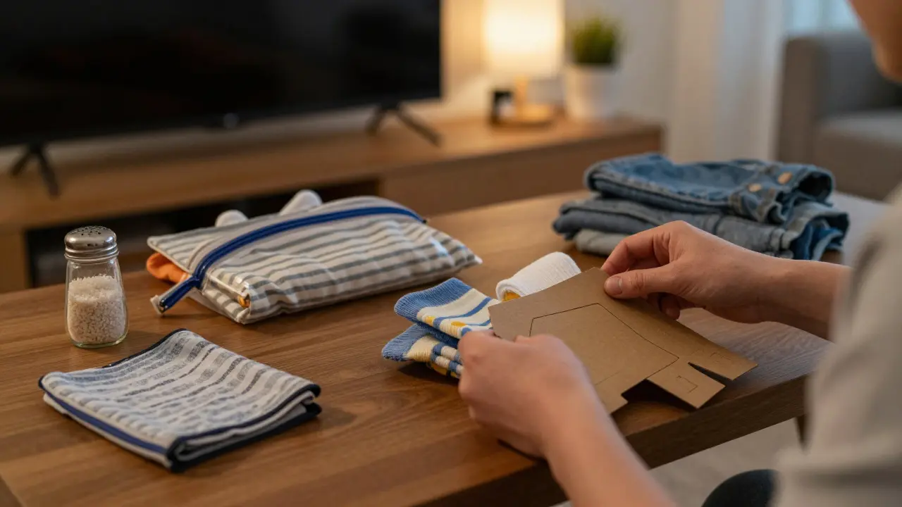 Ein Elternteil faltet Kinderkleidung mit einer Kartonform in der Wohnzimmer.