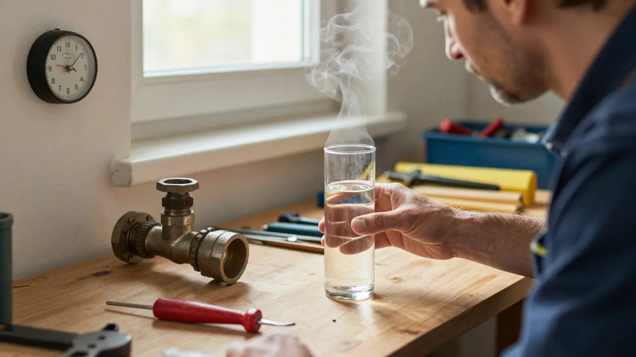 Ein Handwerker entkalkt ein Rohr mit Essig und heißem Wasser.