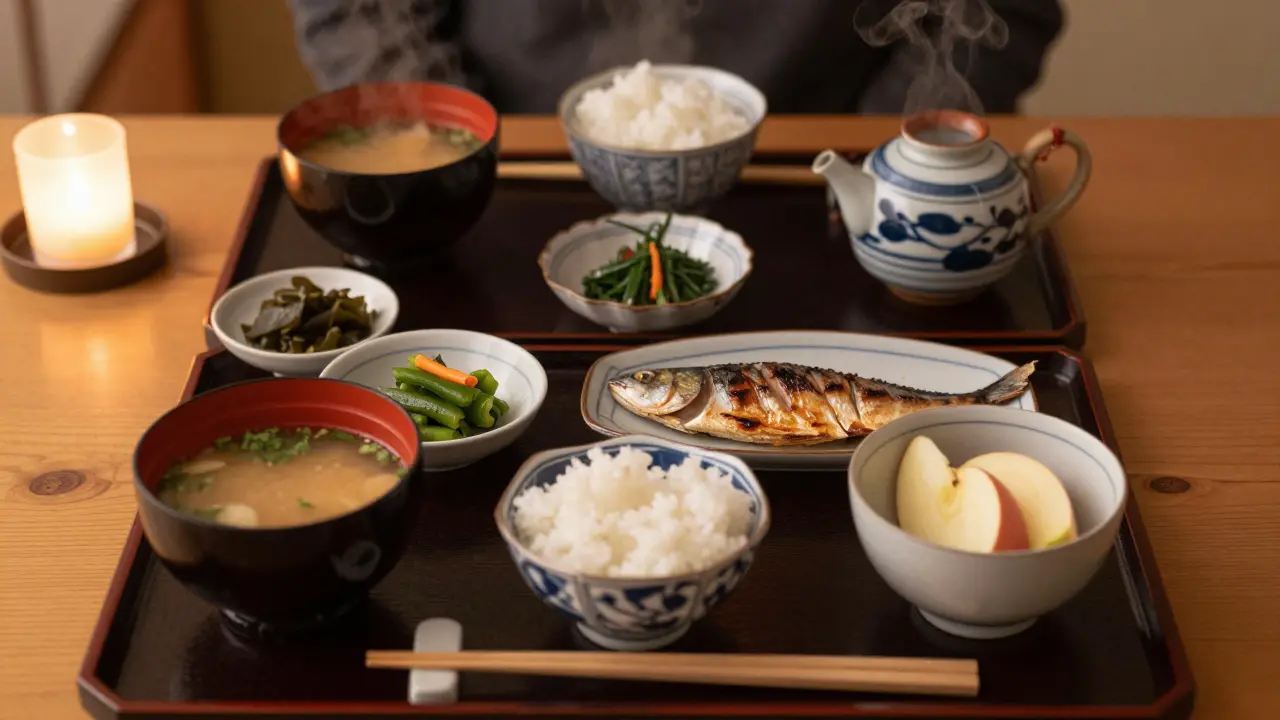 Ein japanisches Abendessen mit Gemüse, Fisch, Reis und Apfel als Dessert, in traditionellem Ceramikgeschirr serviert.
