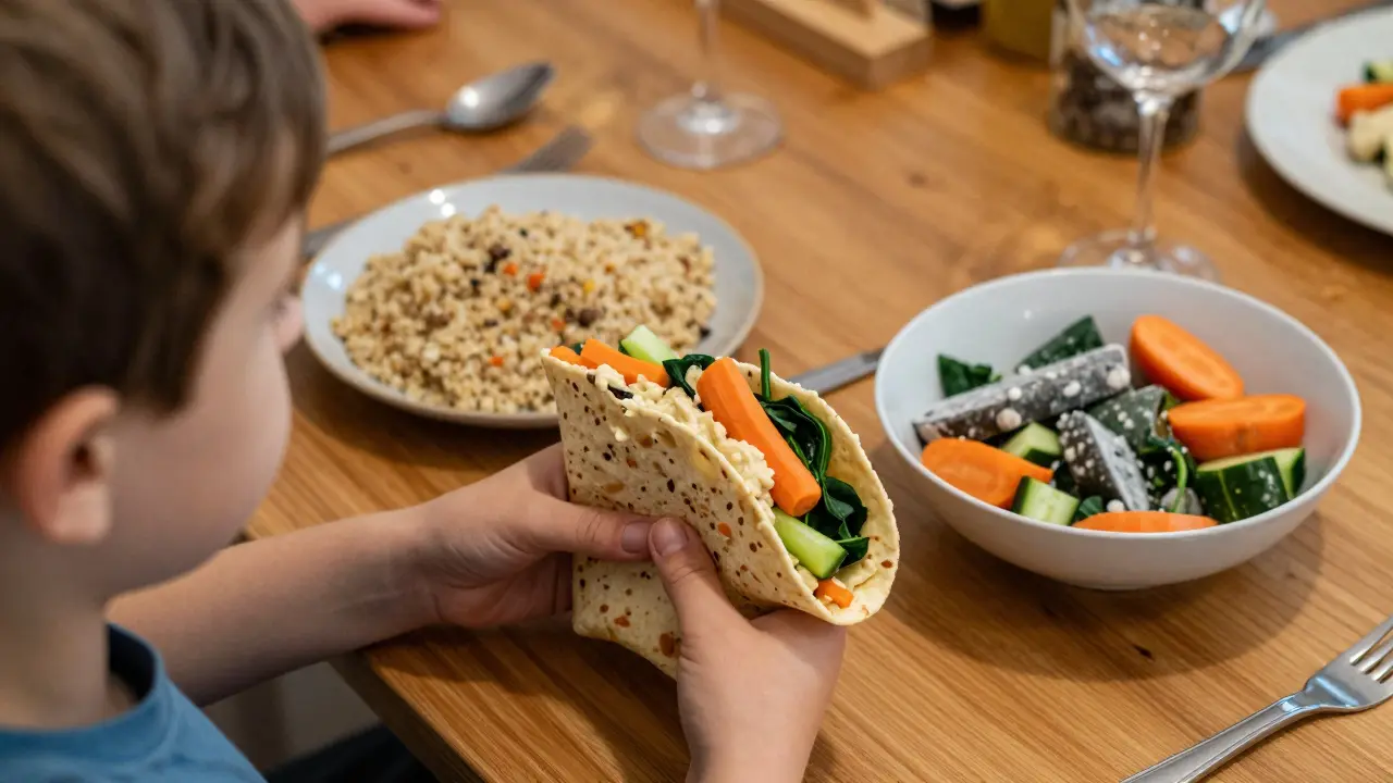 Ein Kind hält einen Wrap mit Hummus und Gemüse am Küchentisch.