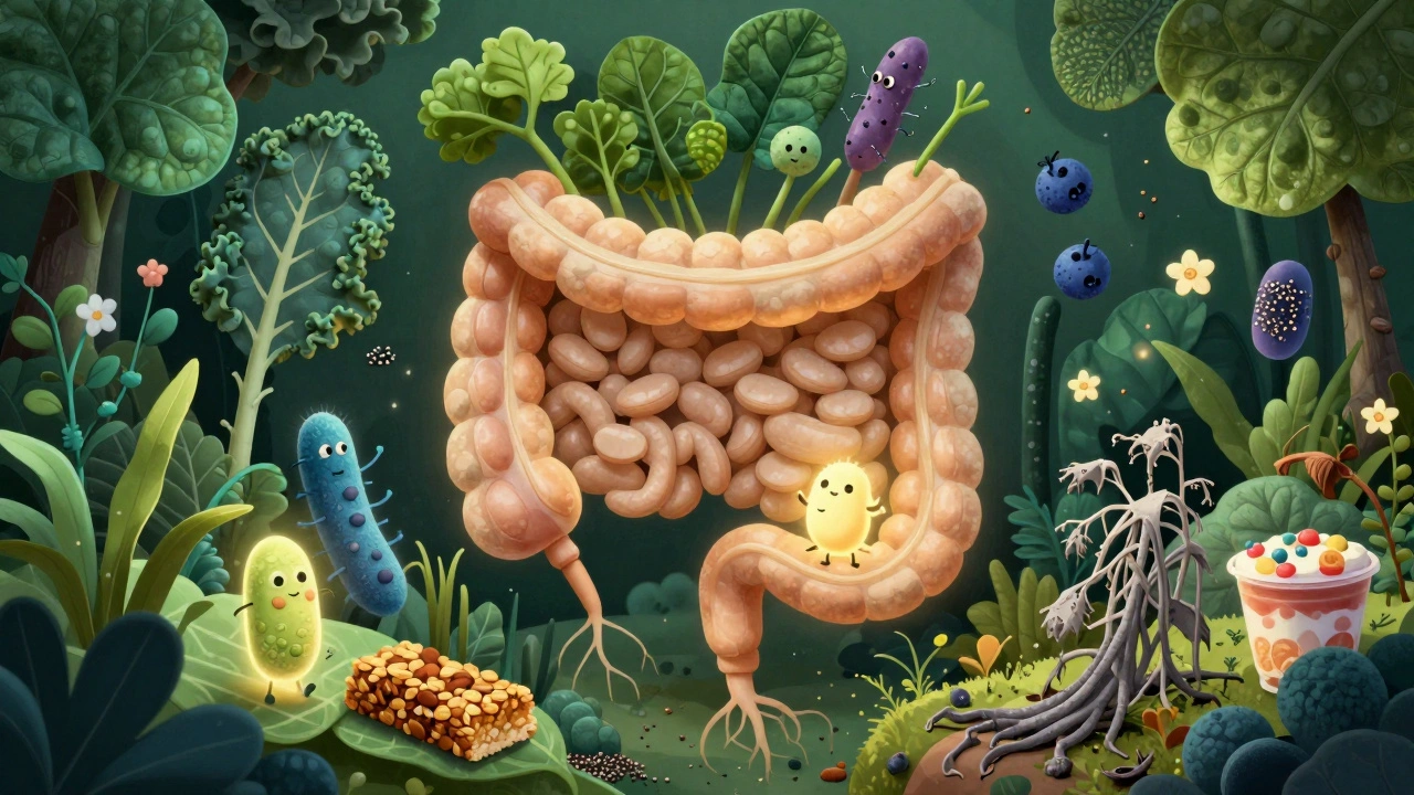 Ein mikrobieller Darmgarten mit Pflanzen aus Hülsenfrüchten und Gemüse, belebt von freundlichen Bakterien.
