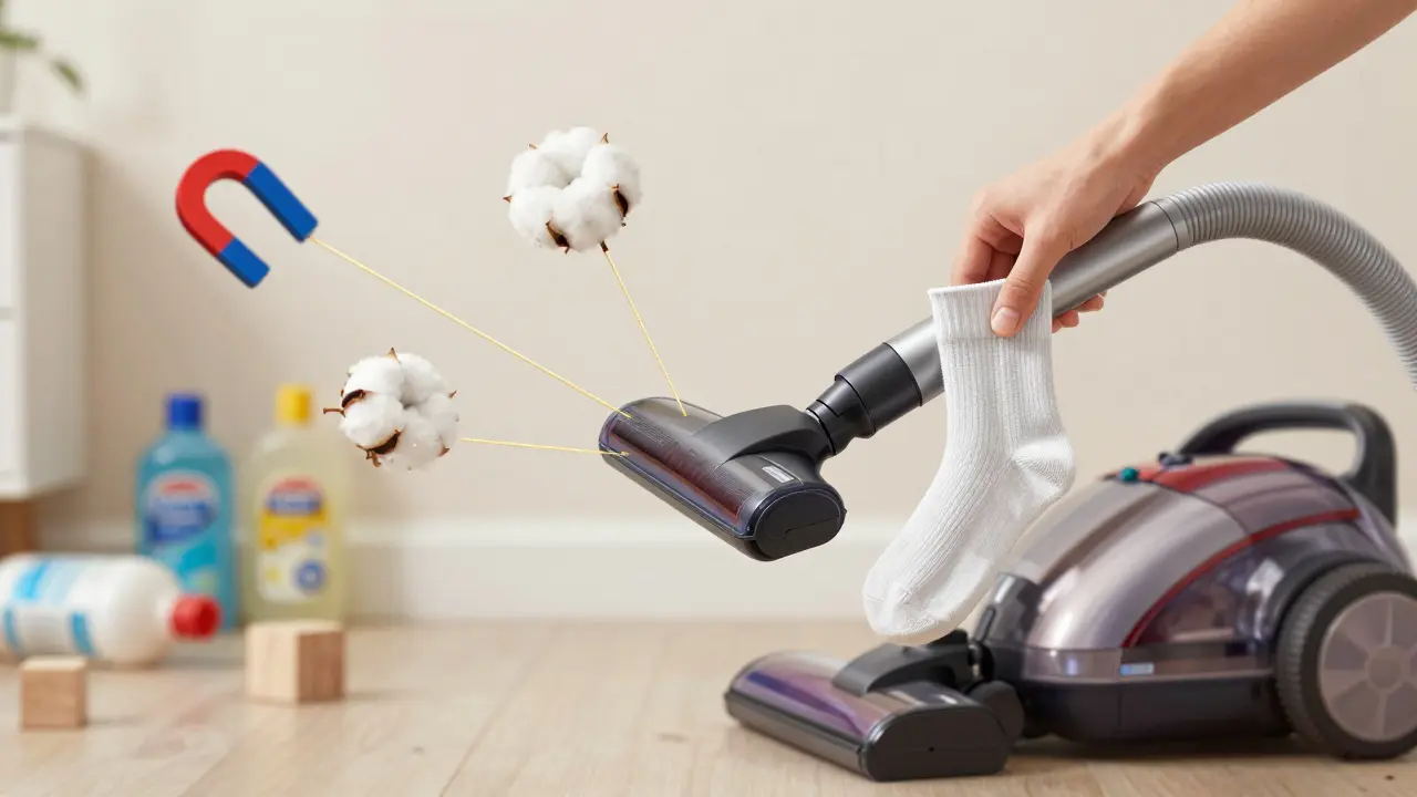 Ein Socken über einem Staubsaugerschlauch, der Staub aufnimmt, umgeben von alltäglichen Gegenständen.