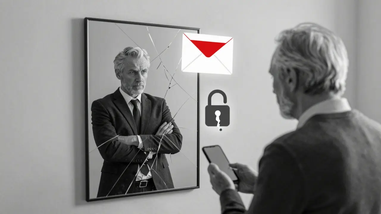 Ein Spiegel zeigt einen Betrüger und das echte Opfer gleichzeitig, umgeben von Symbolen für E-Mail-, Telefon- und Web-Spoofing.