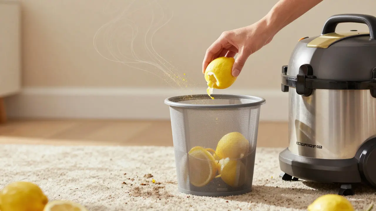 Eine frische Zitronenschale wird in einen Staubsaugerbeutel gelegt, Sonnenlicht beleuchtet die Luftpartikel.