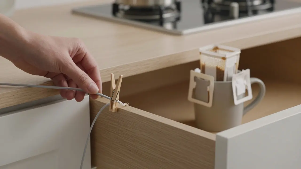 Eine Hand befestigt ein Ladekabel mit einer Wäscheklammer an einer Schublade, während ein Papiertuch als Kaffeefilter dient.