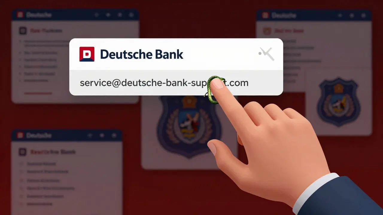 Eine Hand klickt auf einen gefälschten Banklink, während sich aus der E-Mail-Adresse eine Schlange windet – Symbol für digitale Täuschung.