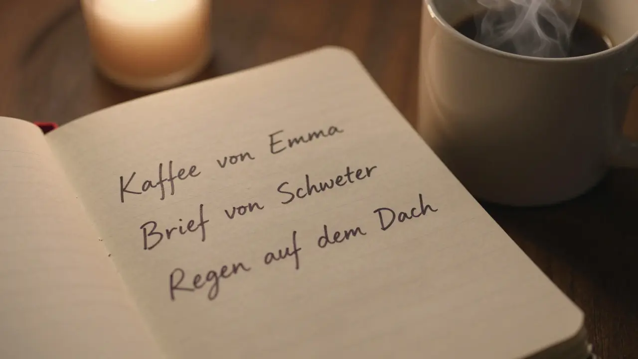 Eine Hand schreibt drei dankbare Momente in ein kleines Notizbuch bei Kerzenlicht.