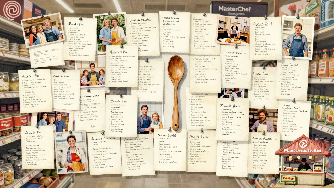 Eine Wand voller handgeschriebener Rezepte und Familienfotos mit einem Holzlöffel in der Mitte.