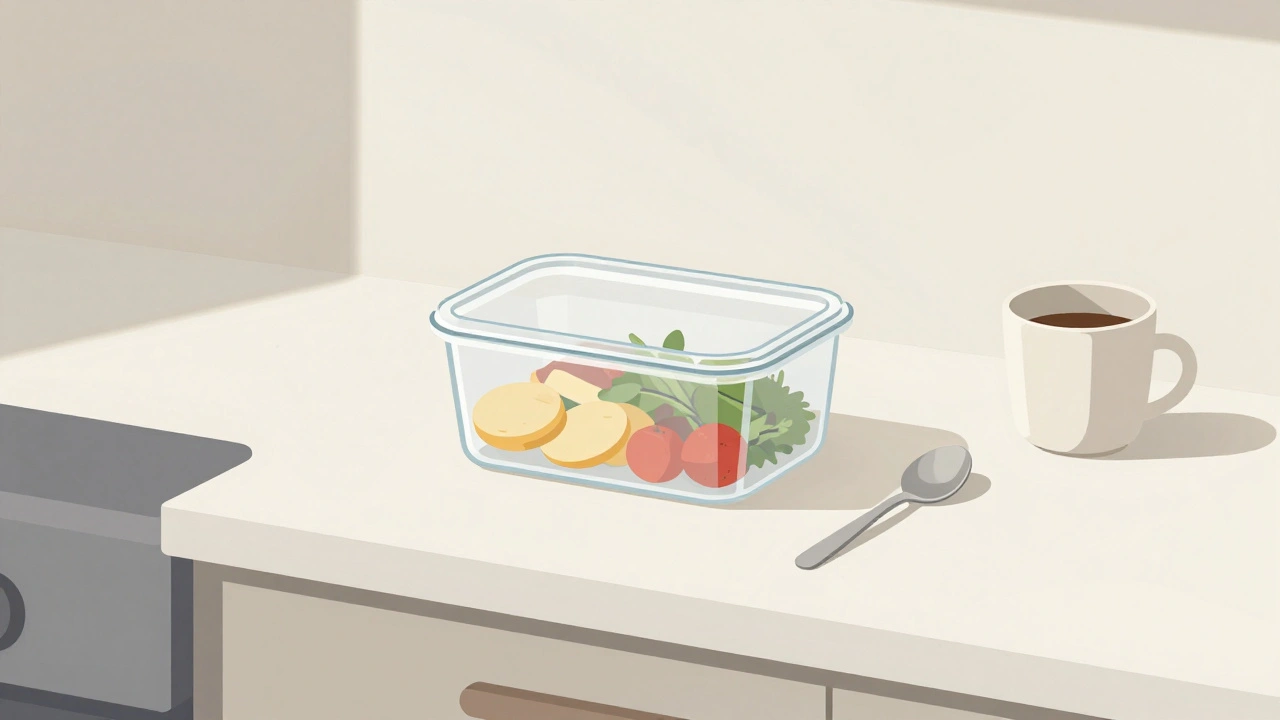 Einfacher Behälter mit Essensresten auf der Küchenanrichte, ohne Etiketten.