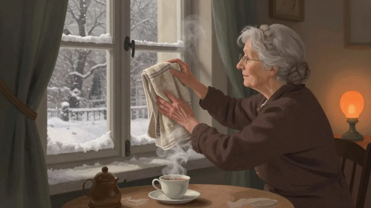 Frau klebt ein Handtuch an ein Fenster, um Kälte abzuhalten, im warmen Zimmer mit Teetasse.