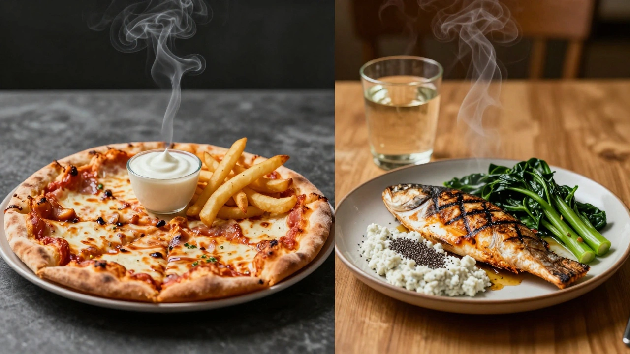 Gegensätzliche Abendessen: ungesunde Speisen mit Rauch vs. gesunde Lebensmittel mit Dampf, symbolisch für Fettverbrennung.