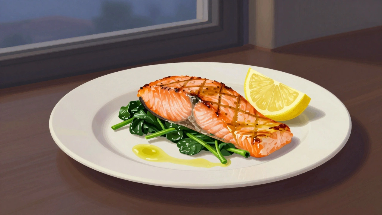 Gegrillter Lachs mit Spinat und Zitronenscheibe auf einem Teller bei Abendlicht.