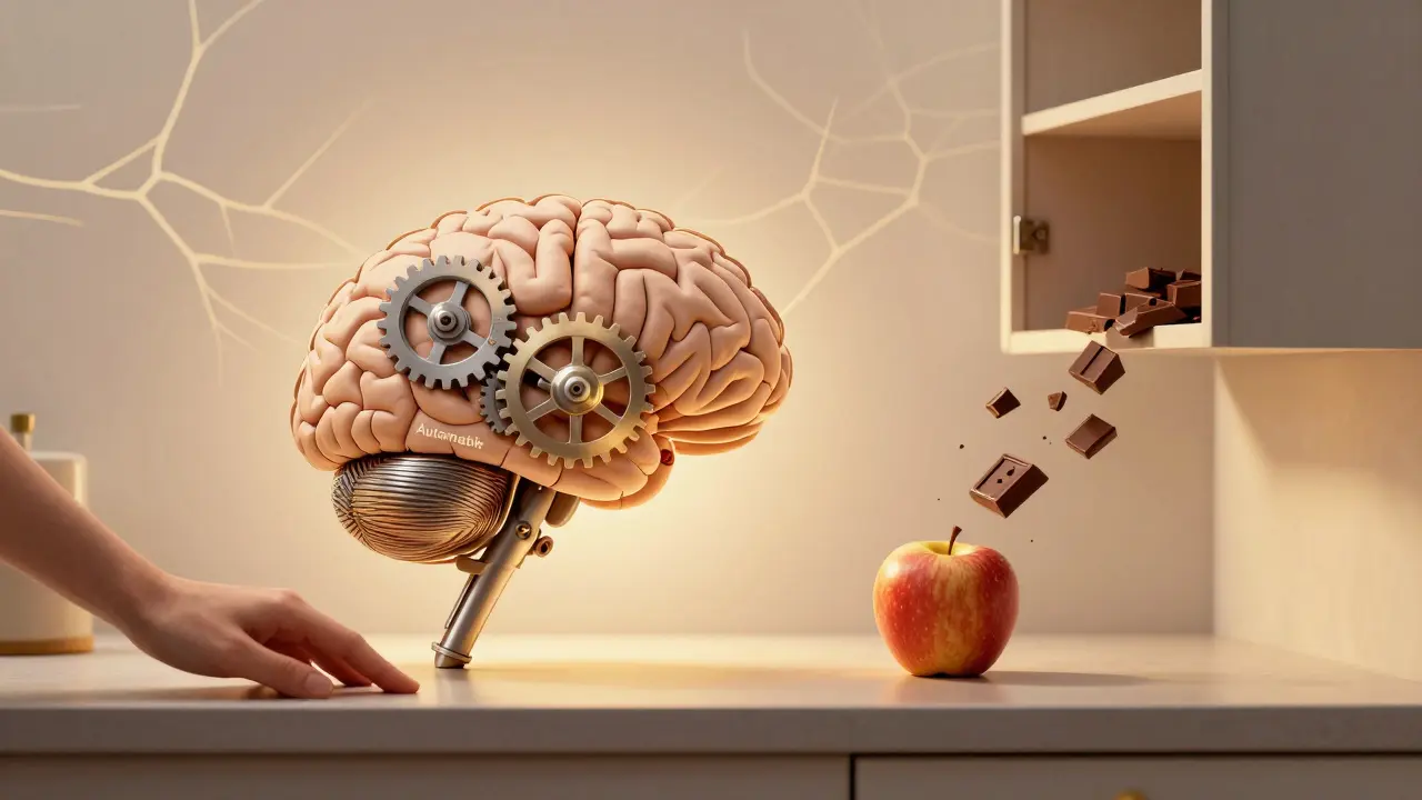Gehirn als Maschine mit Zahnrädern, Apfel auf dem Tisch, Schokolade verschwunden.