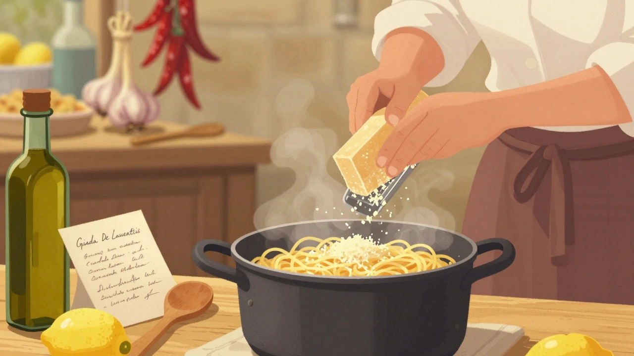 Giada reibt Parmesan von Hand über eine dampfende Pasta.