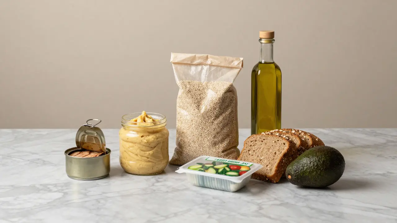 Grundnahrungsmittel für schnelle Abendessen: Dose Thunfisch, Hummus, Quinoa, Olivenöl, Brot und Avocado.