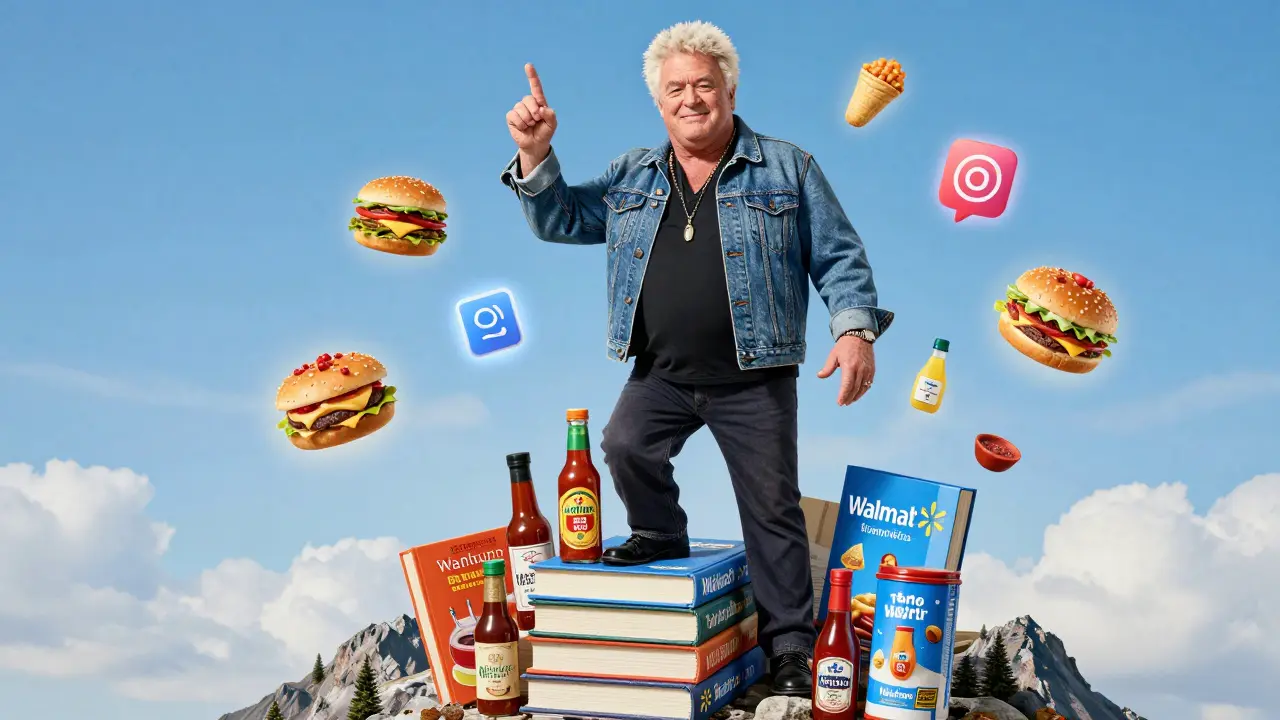 Guy Fieri as a pop culture icon standing on a pile of his branded products and cookbooks, with global media symbols around him.