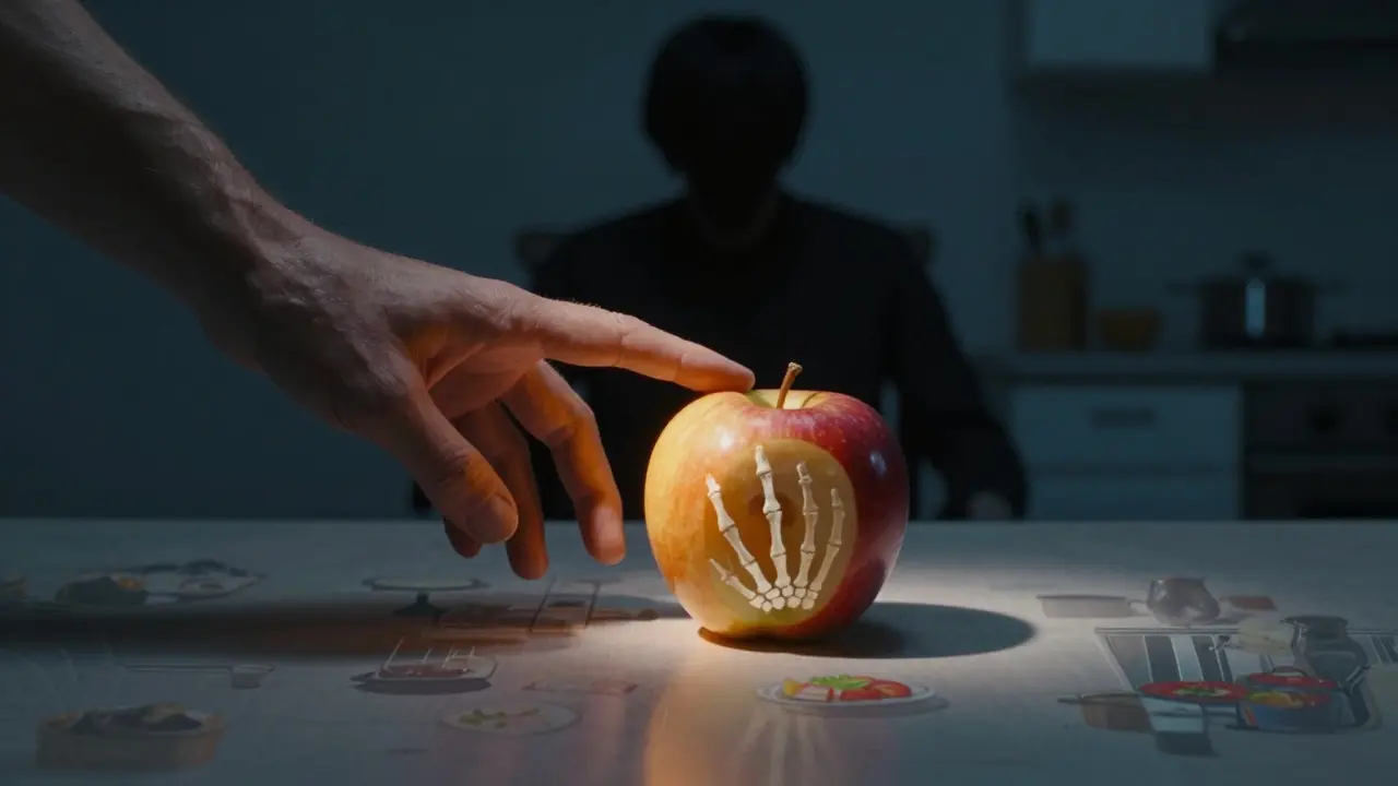 Hand greift nach einem durchscheinenden Apfel, der einen Skeletthand enthält.