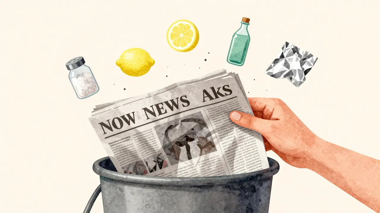 Hand hält Zeitung über Mülltonne, umgebend von Haushaltszutaten wie Zitrone und Salz.