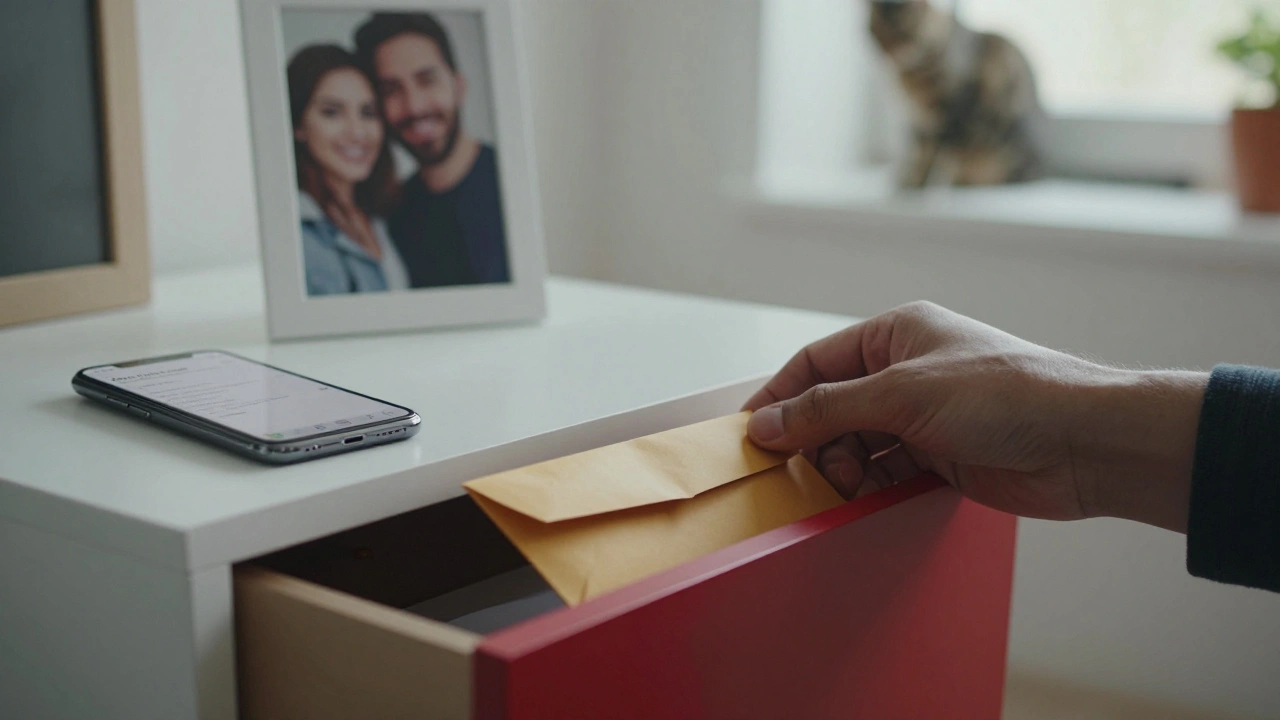 Hand legt verschlossenen Umschlag in rote Schublade, Smartphone zeigt &#039;Mein Death Hack&#039;-Notiz.