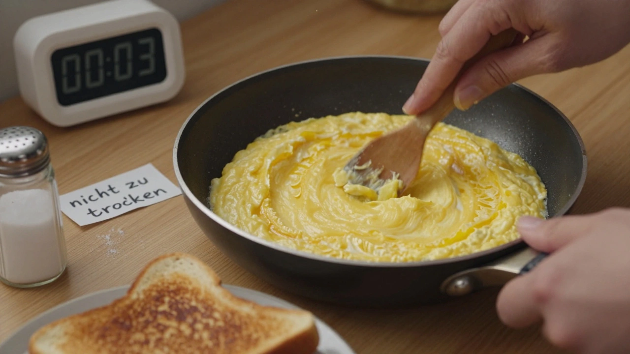 Hände rühren ein Rührei in einer Pfanne, daneben liegt verbranntes Brot.