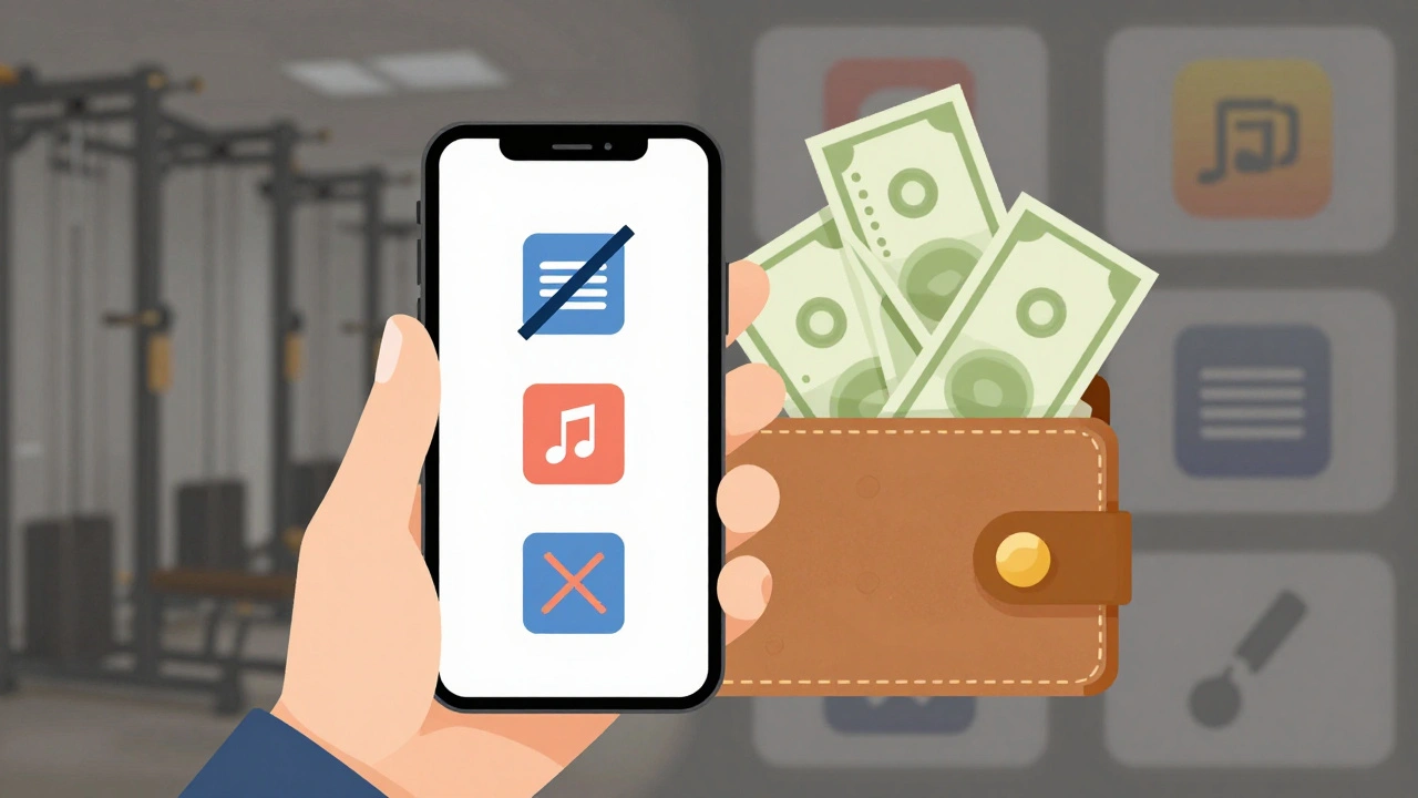 Jemand streicht unnötige Abo-Abonnements aus dem Handy und spart Geld.