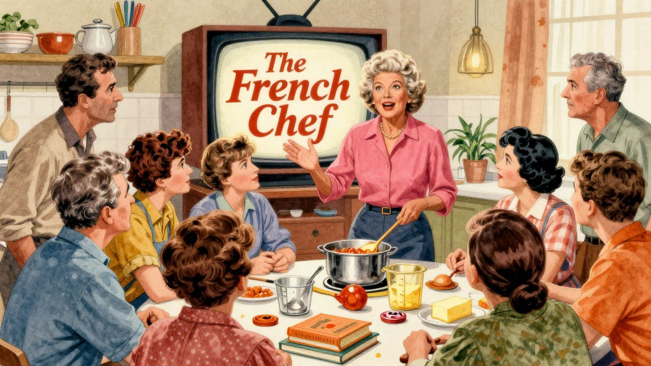 Julia Child teaching a diverse group in a community kitchen, with a vintage TV showing her show.