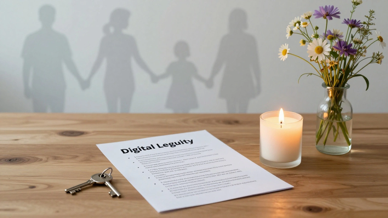 Kerze mit Dokument zu digitalem Nachlass, Schlüssel und Blumen auf Holztisch, sanfte Silhouetten im Hintergrund.