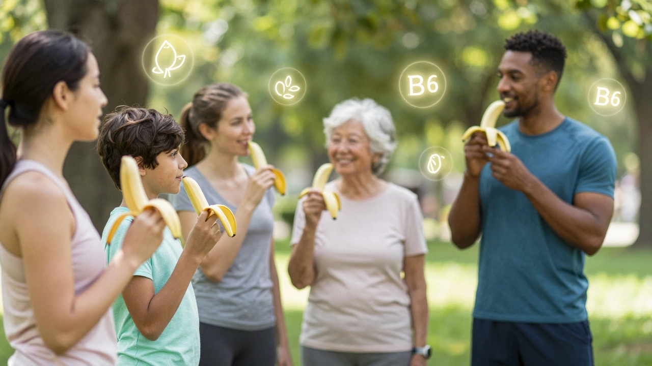 Kind, Senior und Sportler halten jeweils eine Banane im Sonnenlicht
