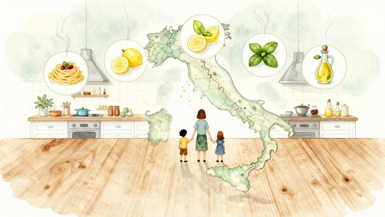 Künstlerische Darstellung von Giadas Küche mit italienischen und amerikanischen Zutaten als schwebende Symbole.