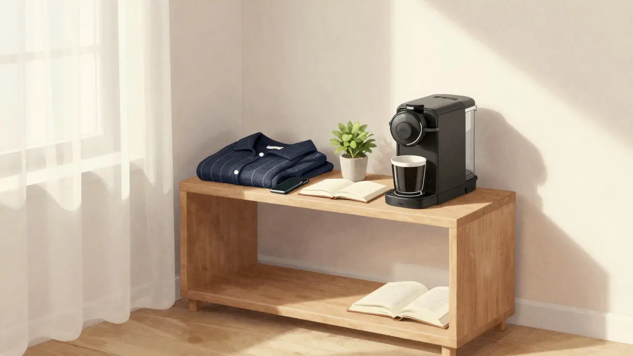 Leere Regalfläche mit Pflanze und Buch statt Konsumgütern.