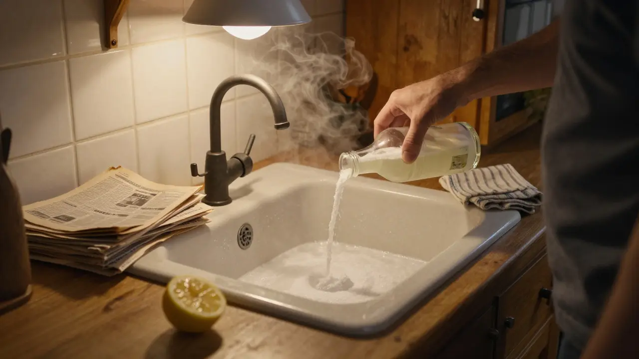 Mann gießt Essig über Backpulver im Abfluss, Dampf steigt auf.