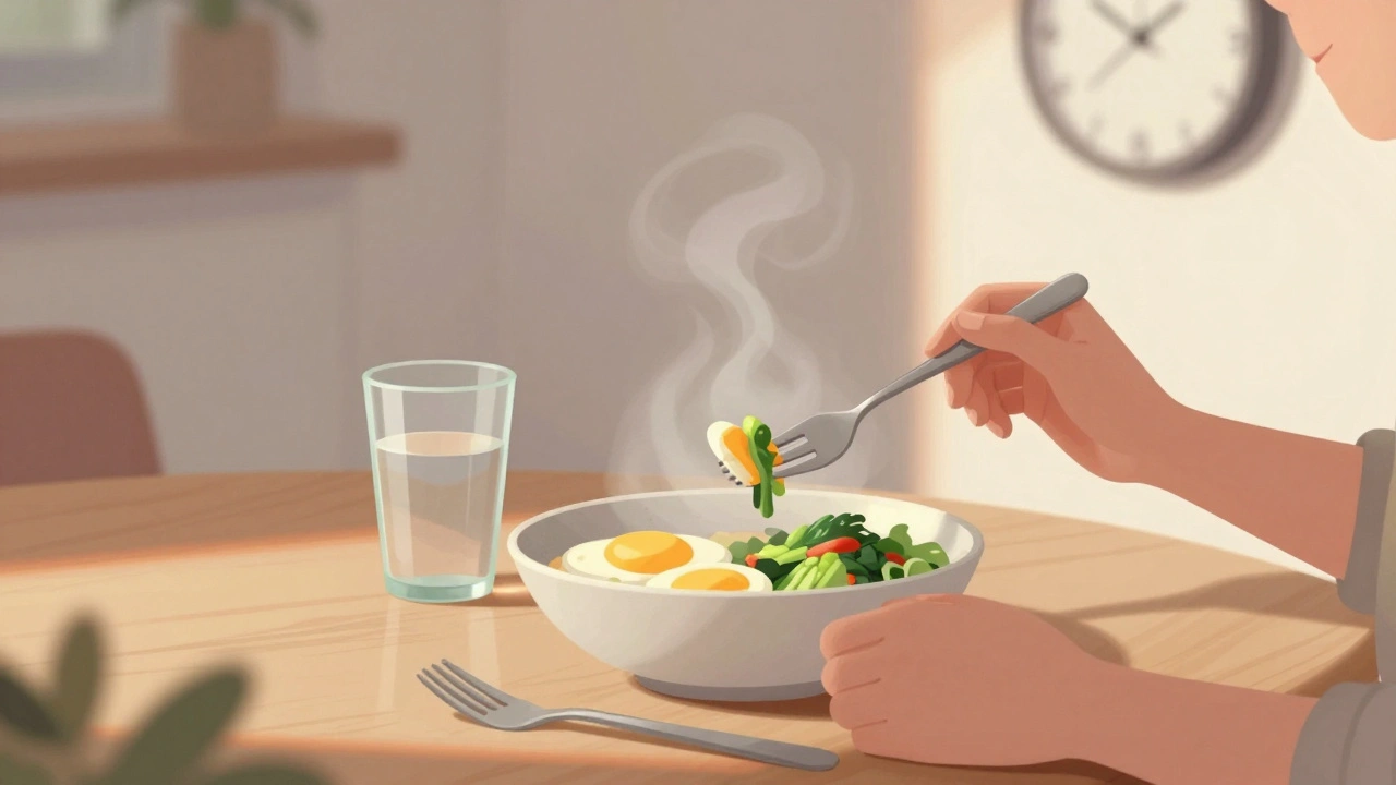 Mensch isst langsam ein gesundes Mahl, Gabel pausiert, Glas Wasser daneben, morgendliches Licht.