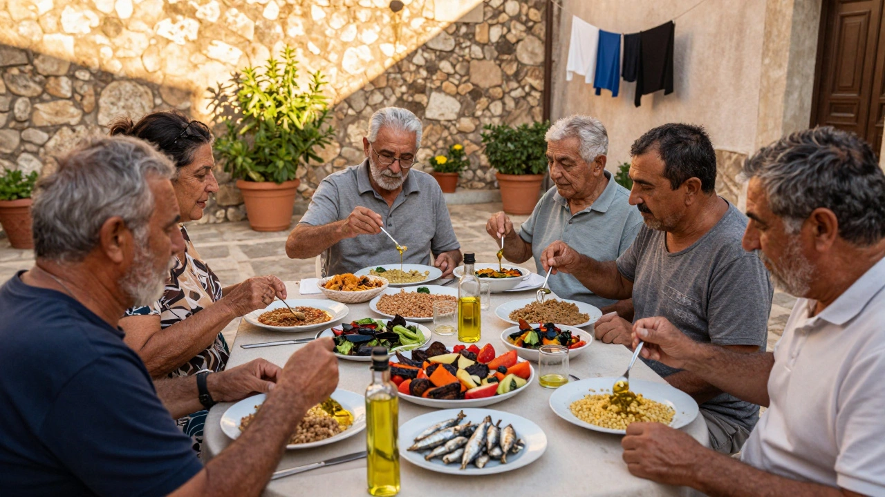 Menschen verschiedener Altersgruppen teilen ein einfaches, farbenfrohes Mahl in einem mediterranen Hof.
