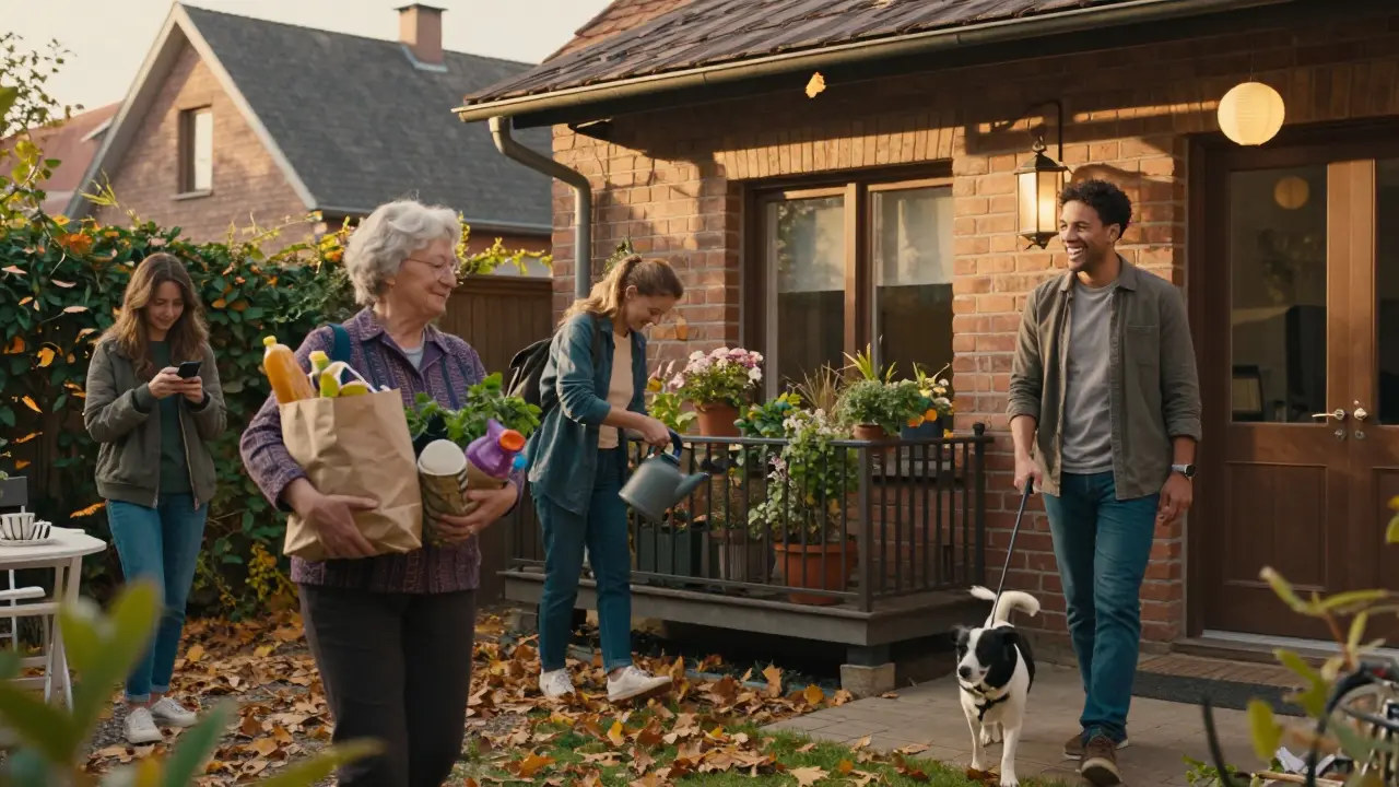 Nachbarn helfen sich im Hof: Einkaufen, Gießen, Spazieren – alle ohne Handys, in warmem Abendlicht.