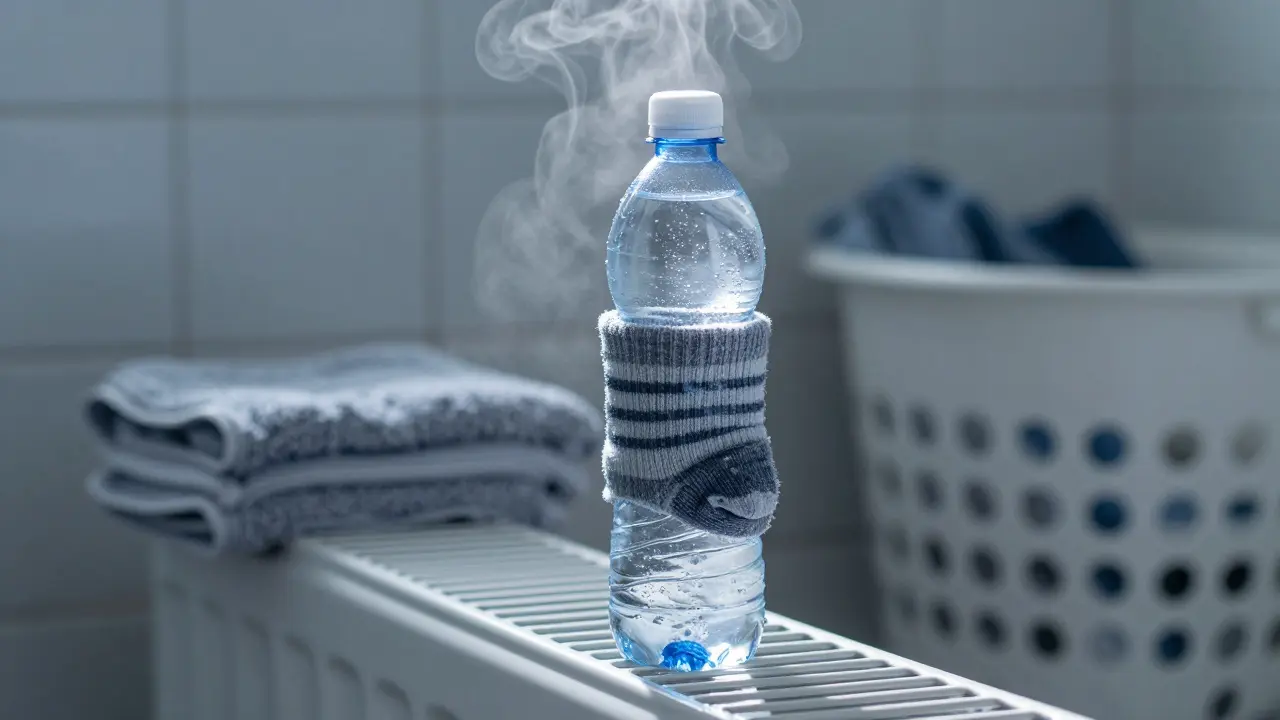 Nasse Socken gewickelt um eine leere Plastikflasche auf dem Heizkörper, Dampf steigt auf.